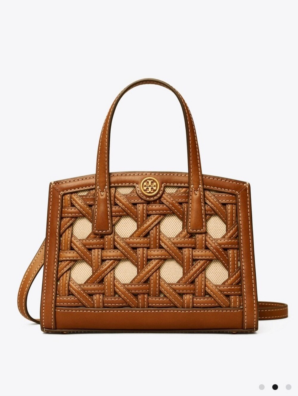 Tory Burch Walker Woven Leather Satchel in Tan and Cream